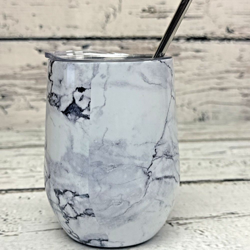 Thily White‎ 12 OZ Marble Graphic Steel Wine Tumbler w/ Metal Straw Never Used